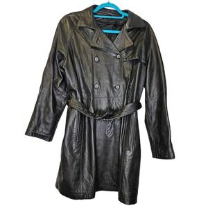 Vintage 90s Colebrook Co M Black Leather Trench Coat Minimalist Goth Cyber Punk